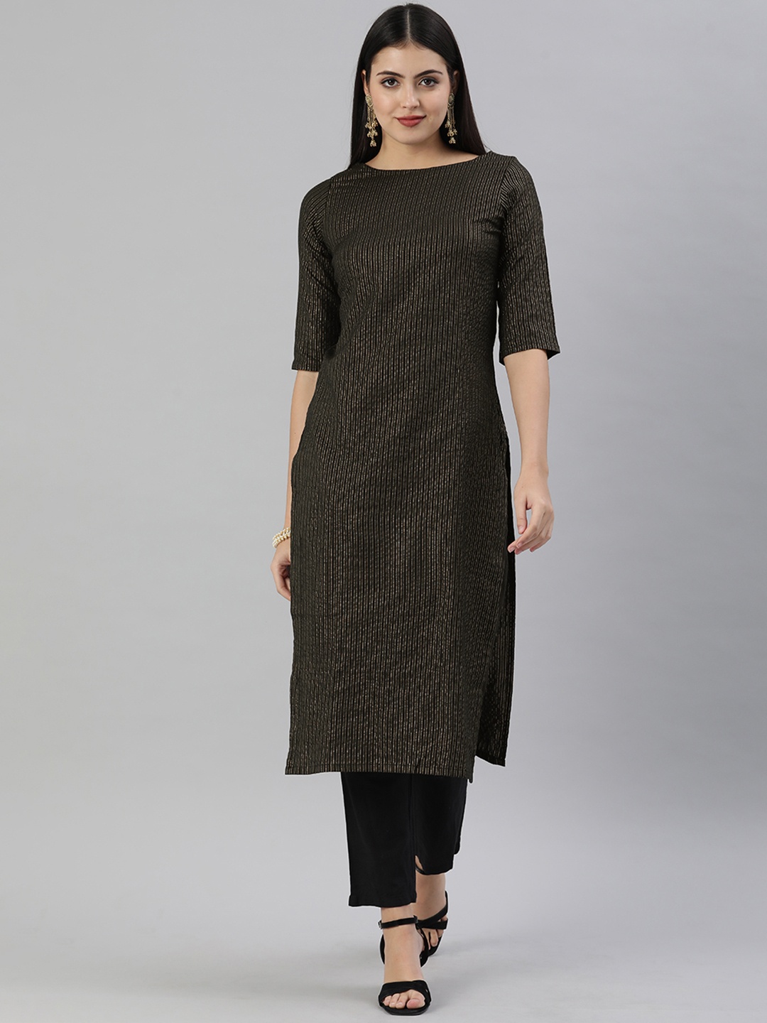 

KALINI Black & Gold-Toned Striped Boat Neck Kurti