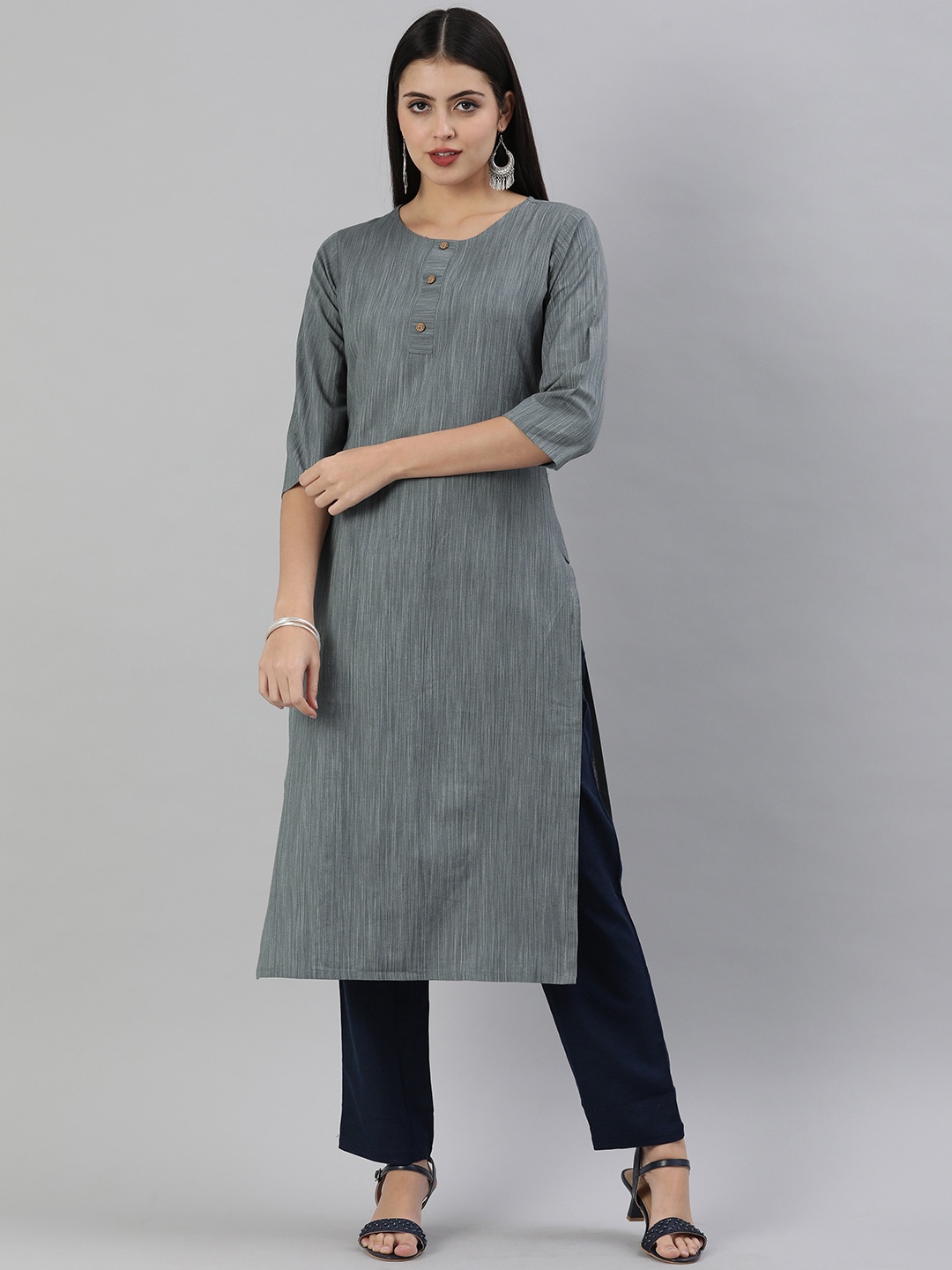 

KALINI Women Charcoal Grey & White Self Striped Straight Kurta