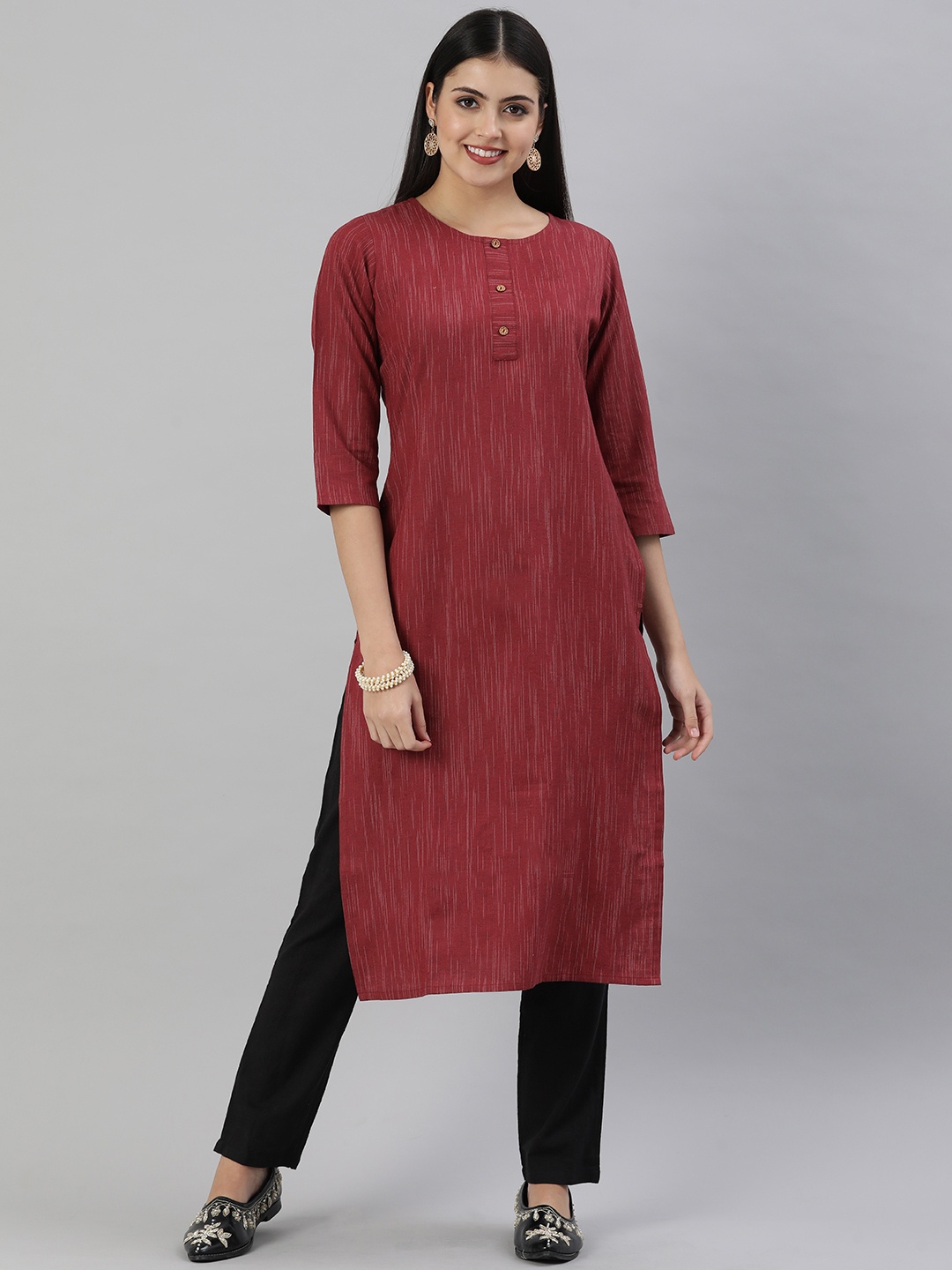 

KALINI Women Maroon & White Self Striped Straight Kurta