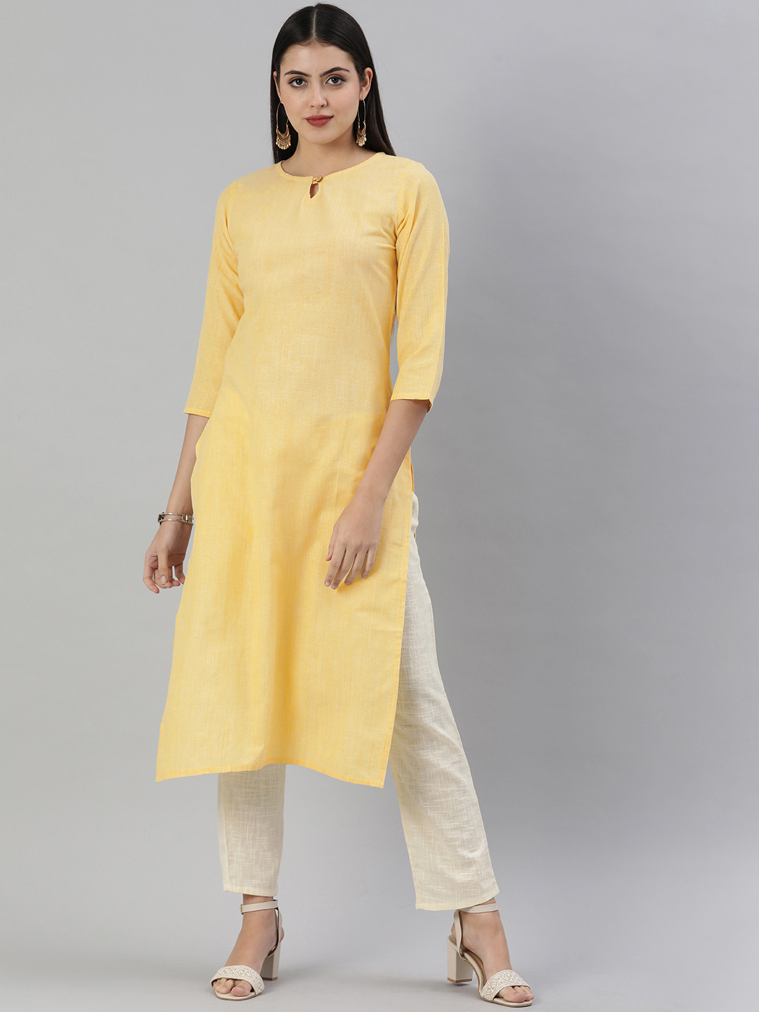 

KALINI Women Mustard Yellow Self Striped Keyhole Neck Straight Kurta