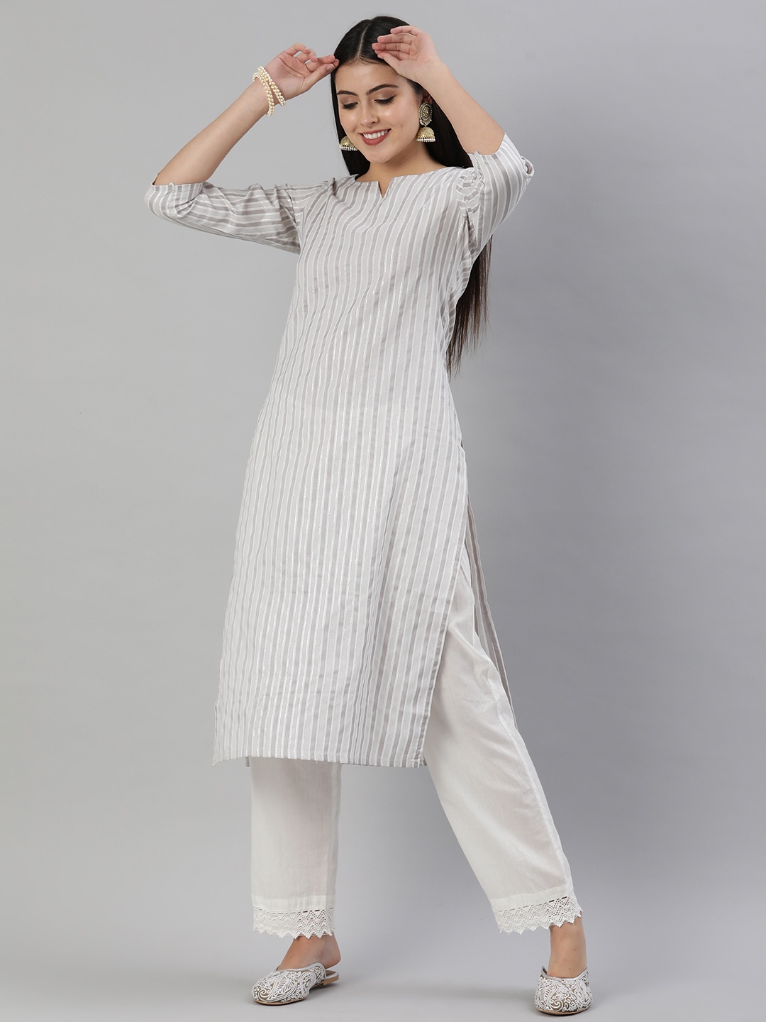 

KALINI White & Grey Striped Kurti