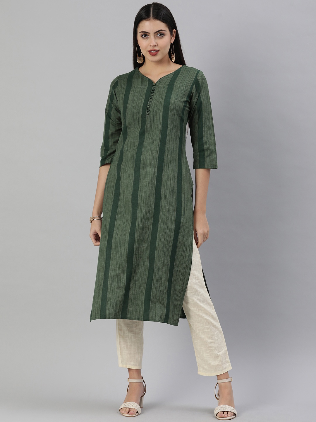 

KALINI Women Olive Green Self Striped Straight Kurta