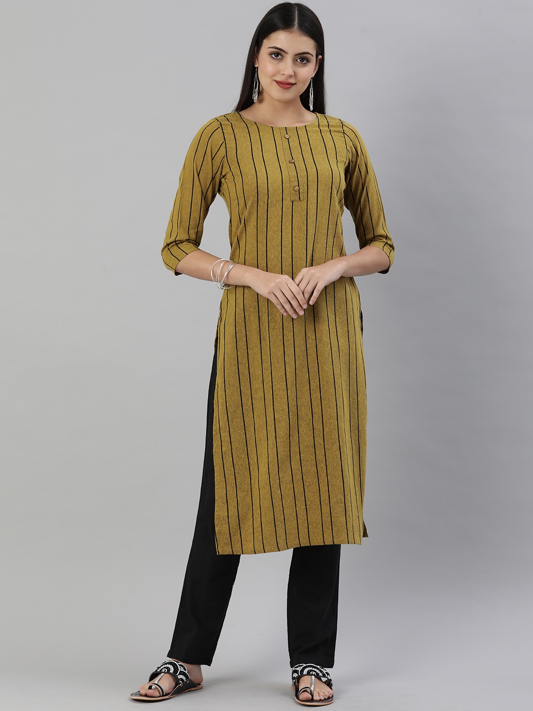 

KALINI Women Mustard Yellow & Black Striped Straight Kurta