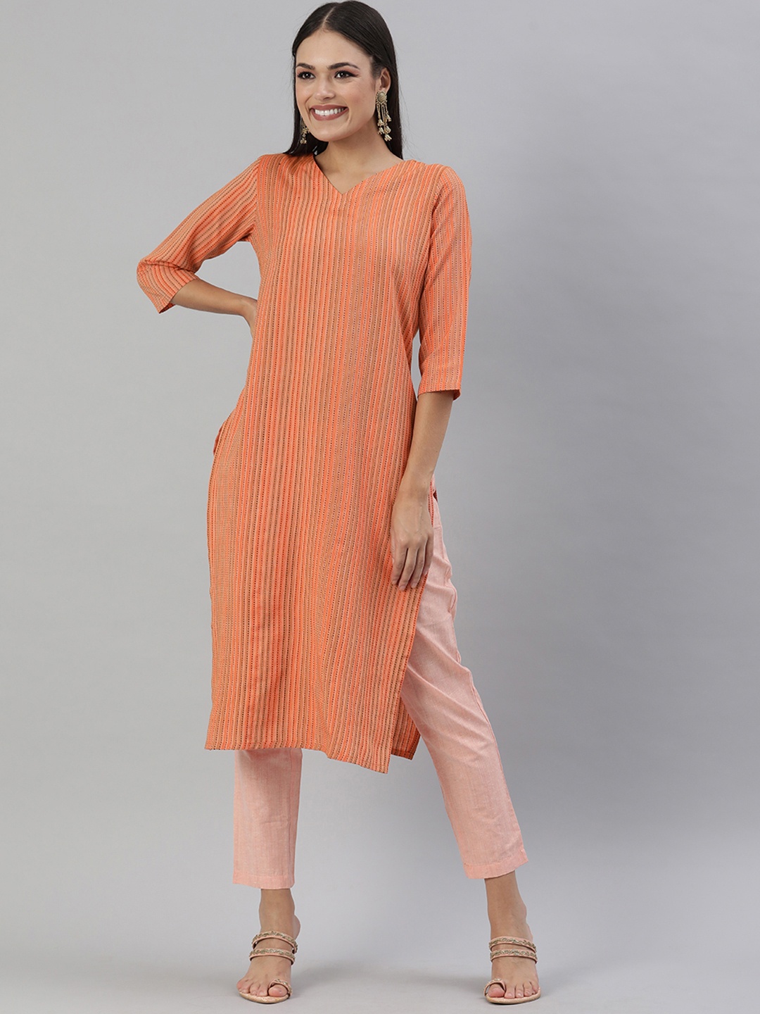 

KALINI Orange Striped V-Neck Kantha Work Kantha Work Kurti