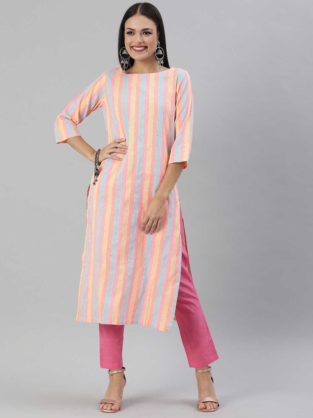 

KALINI Women Yellow & Pink Striped Sequinned Straight Kurta