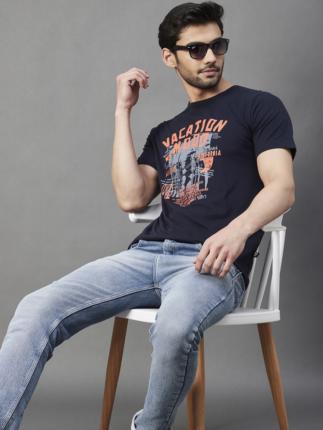 

Rigo Printed Slim Fit Cotton T-Shirt, Navy blue