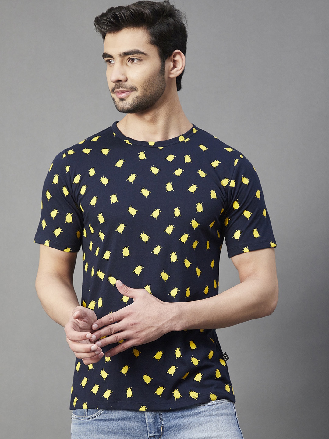 

Rigo Printed Slim Fit Cotton T-Shirt, Navy blue