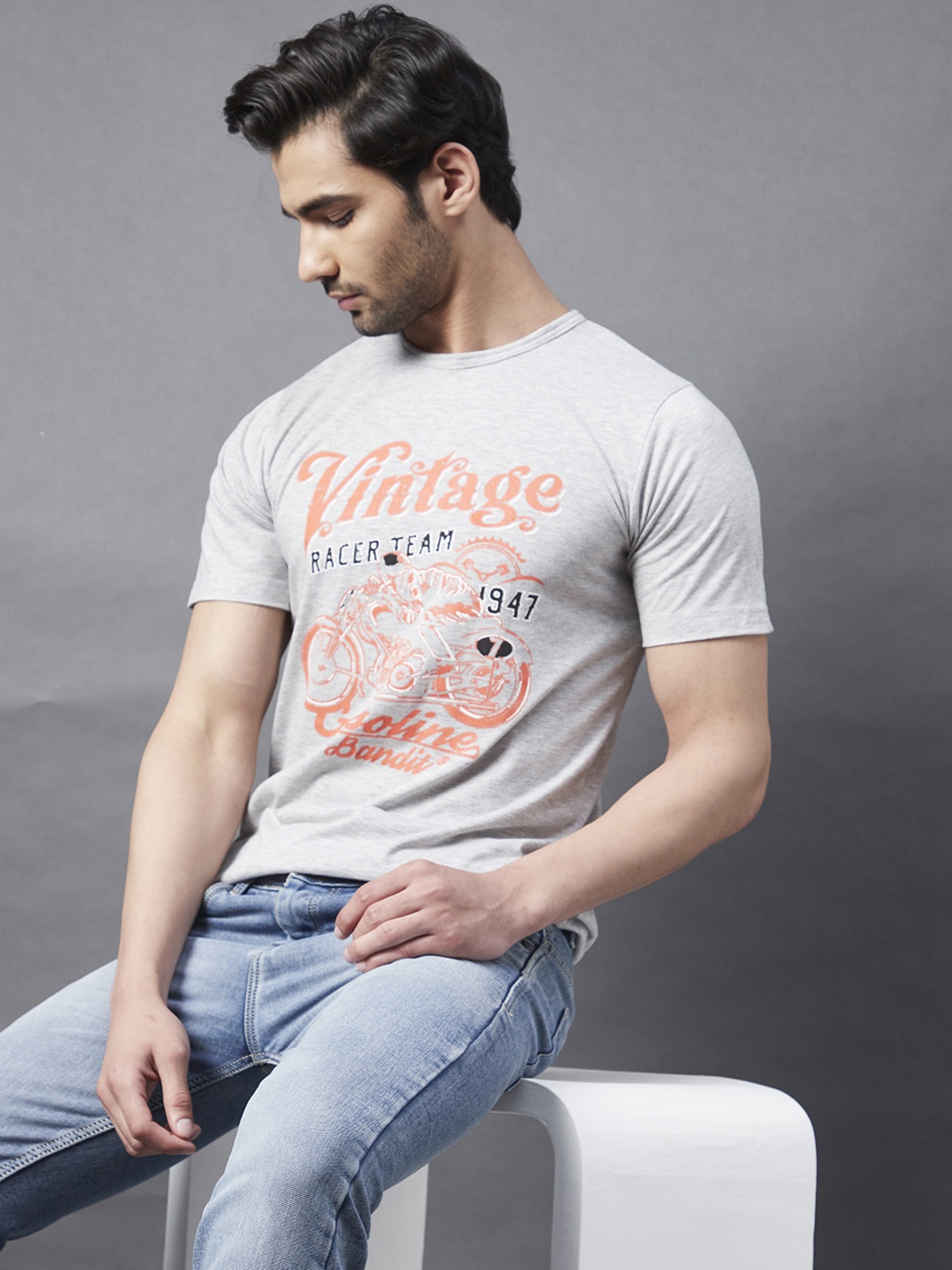 

Rigo Men Grey & Peach-Coloured Biker Printed Slim Fit Cotton T-shirt
