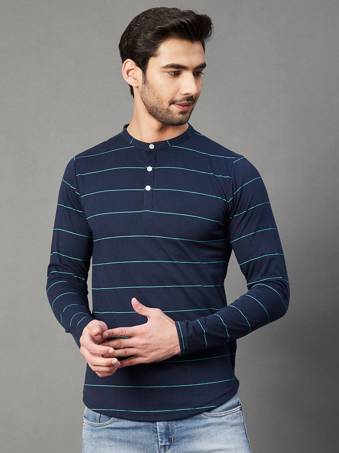 

Rigo Men Blue Striped Cotton T-shirt