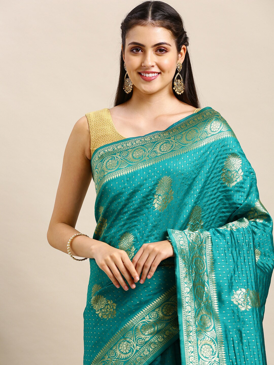 

VAIRAGEE Blue & Golden Ethnic Motifs Woven Design Banarasi Saree