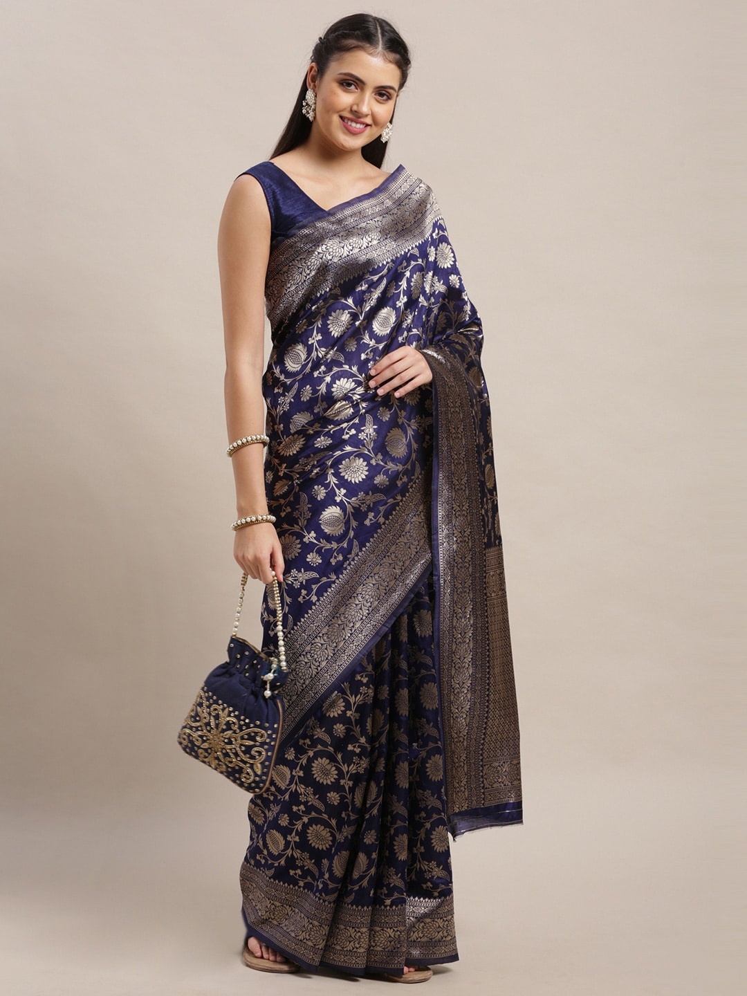 

VAIRAGEE Navy Blue & Silver Ethnic Motifs Woven Design Banarasi Saree