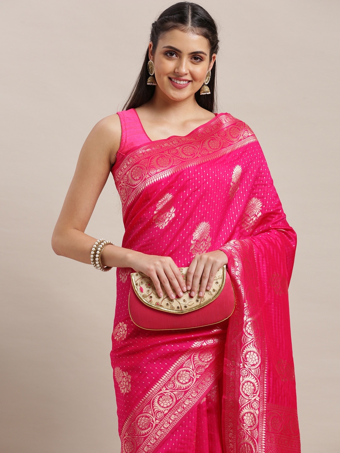 

VAIRAGEE Pink & Golden Ethnic Motifs Banarasi Saree