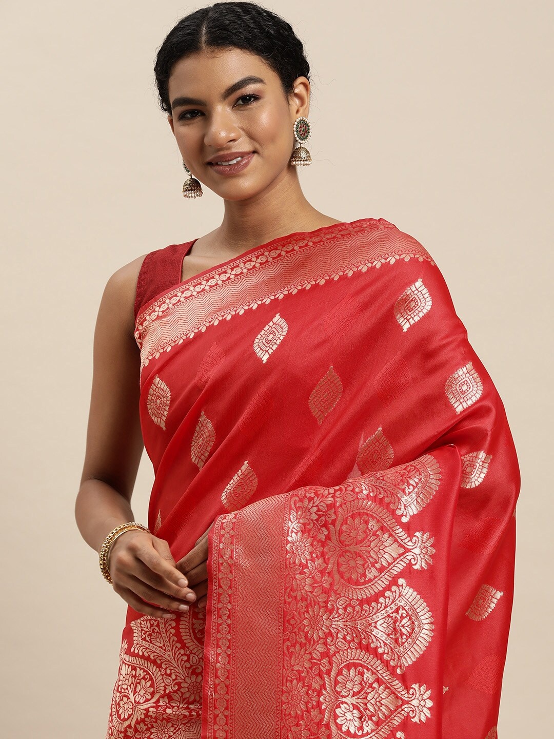 VAIRAGEE Coral Red & Golden Woven Design Banarasi Saree