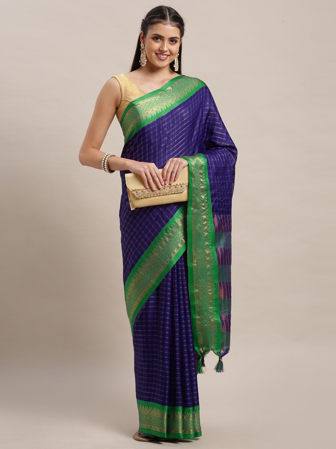 

VAIRAGEE Purple & Green Checked Kota Saree