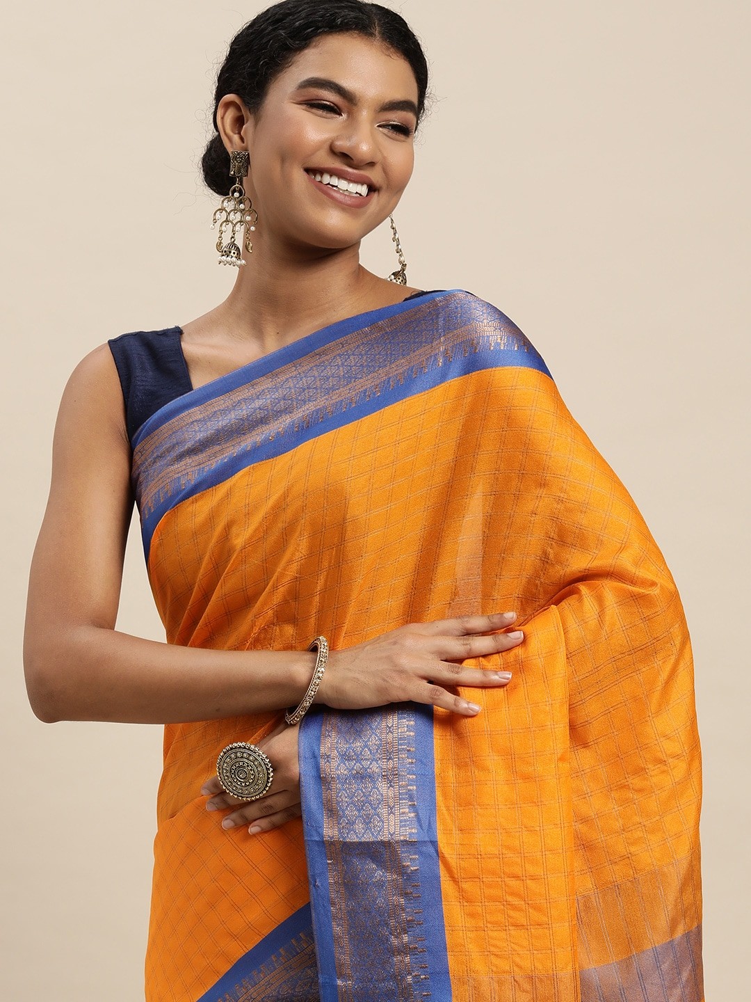 

VAIRAGEE Mustard Yellow Self-Checked Kota Saree