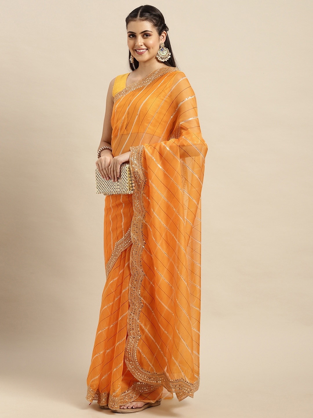 

VAIRAGEE Yellow & Golden Striped Embroidered Organza Saree