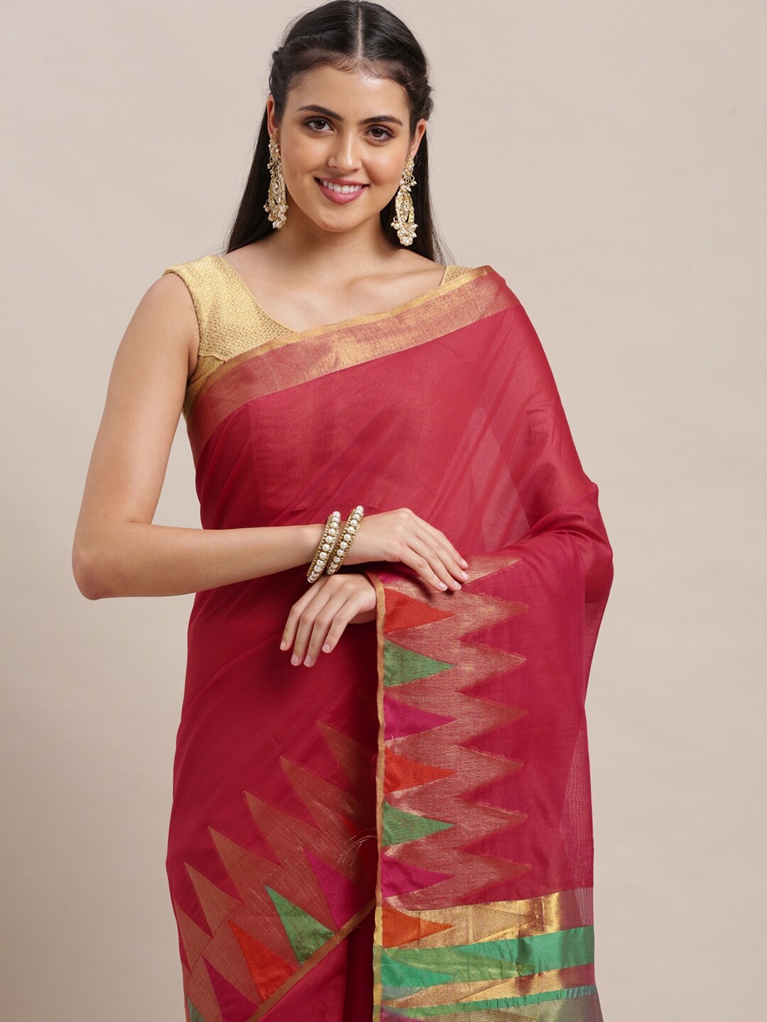 

VAIRAGEE Pink & Blue Geometric Design Chanderi Saree