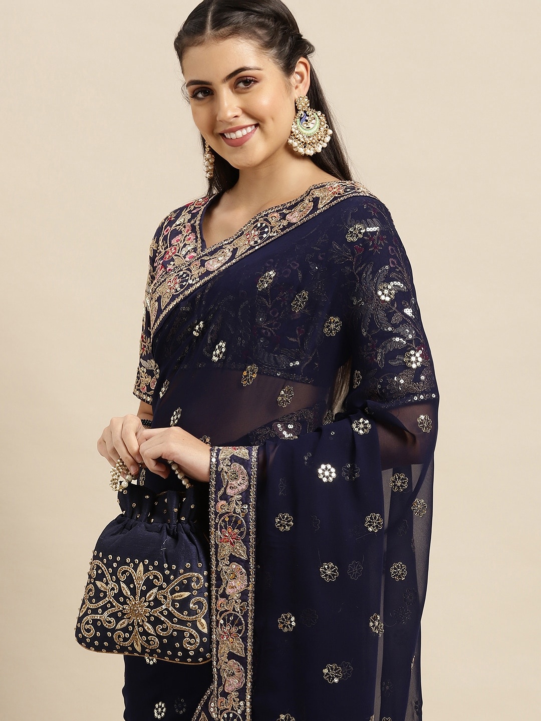 

VAIRAGEE Navy Blue & Golden Ethnic Motifs Pure Georgette Saree