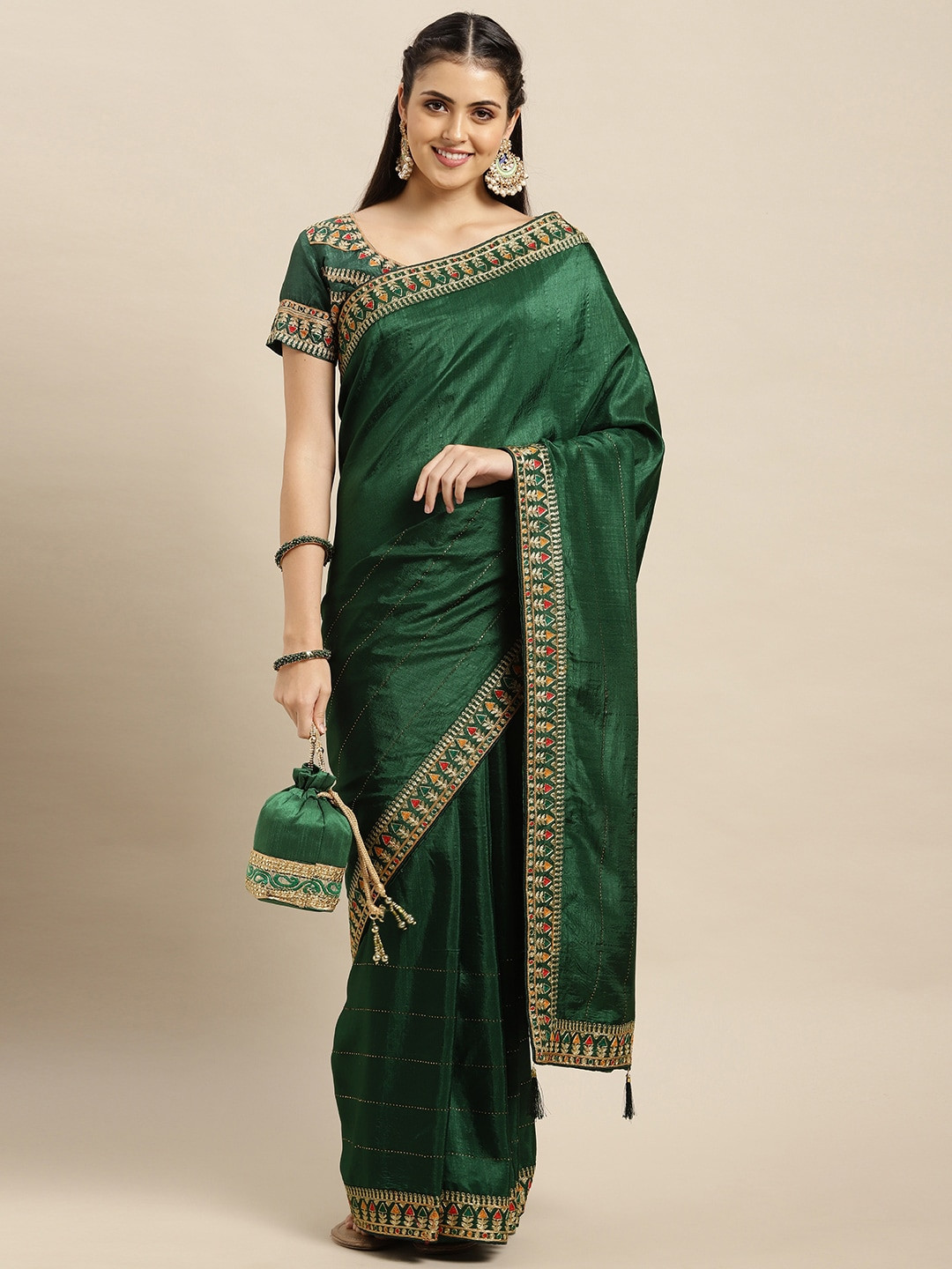

VAIRAGEE Green Embroidered Saree