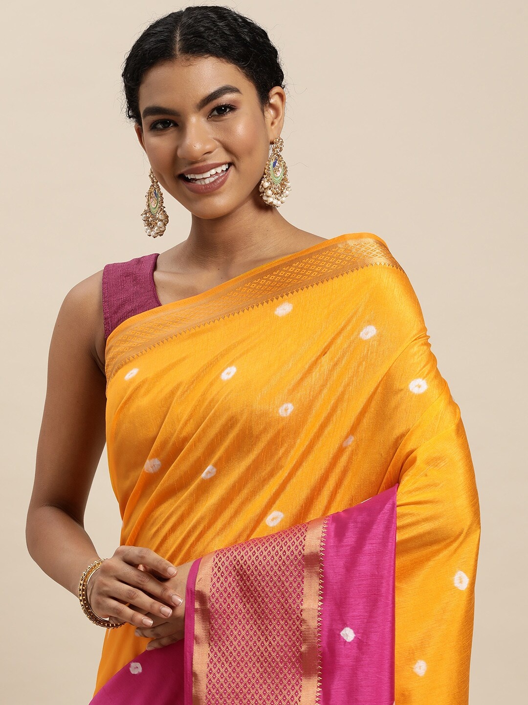 

VAIRAGEE Yellow & Pink Printed Half & Half Saree