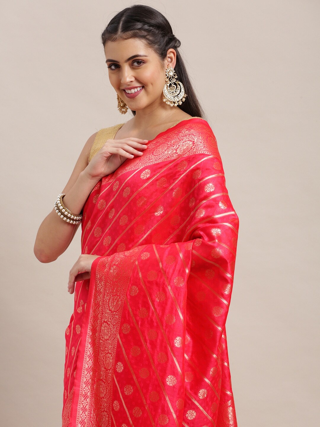 

VAIRAGEE Pink & Silver Ethnic Motifs Woven Design Banarasi Saree