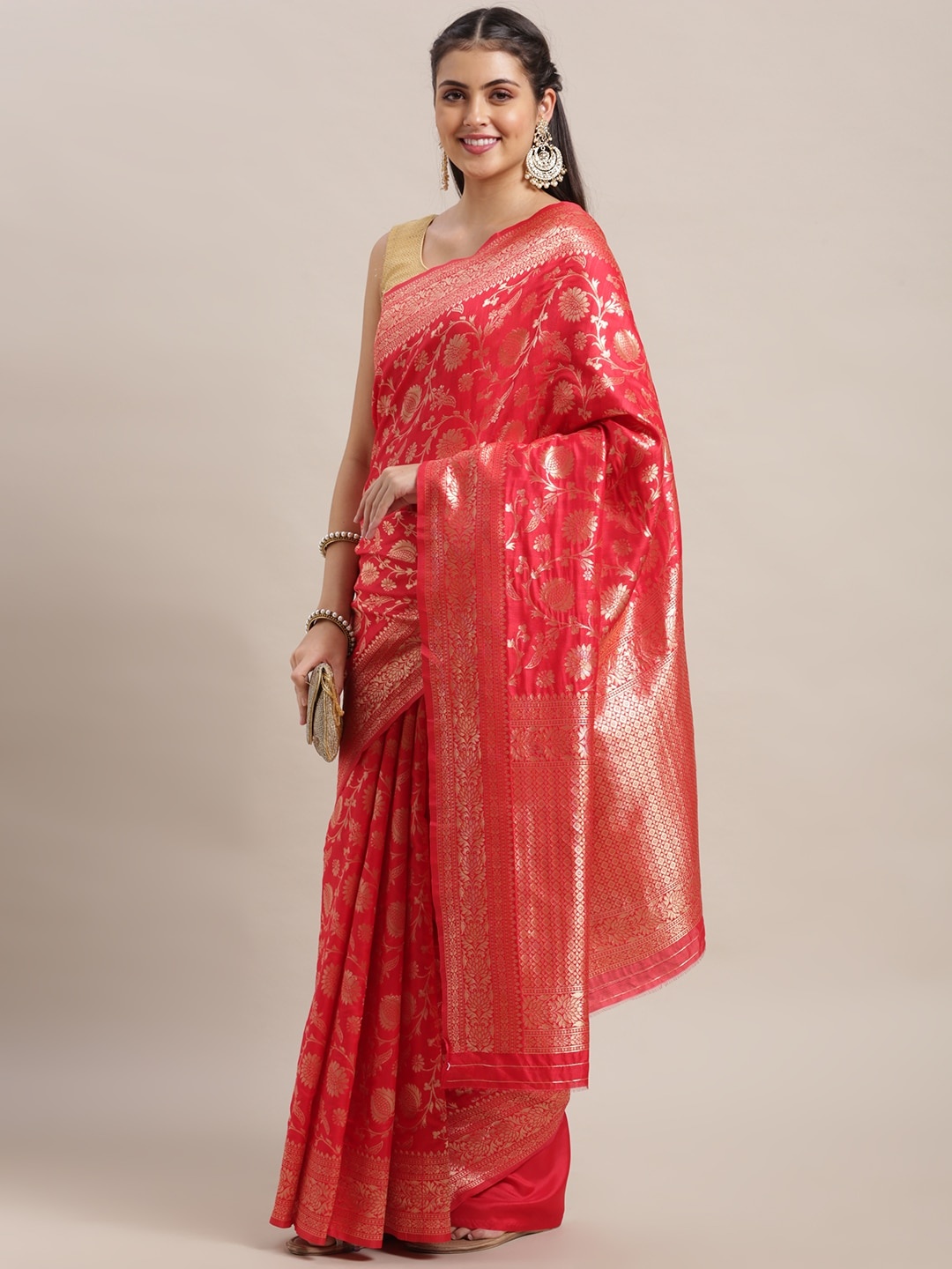 VAIRAGEE Coral & Golden Ethnic Motifs Banarasi Woven Design Saree