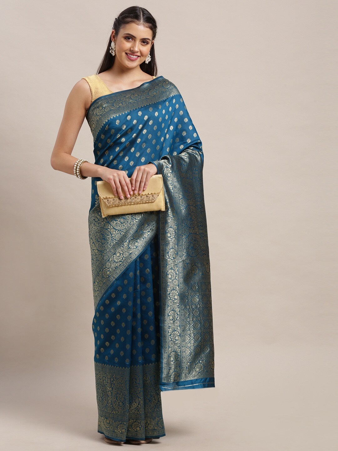 

VAIRAGEE Blue & Silver Woven Design Banarasi Saree