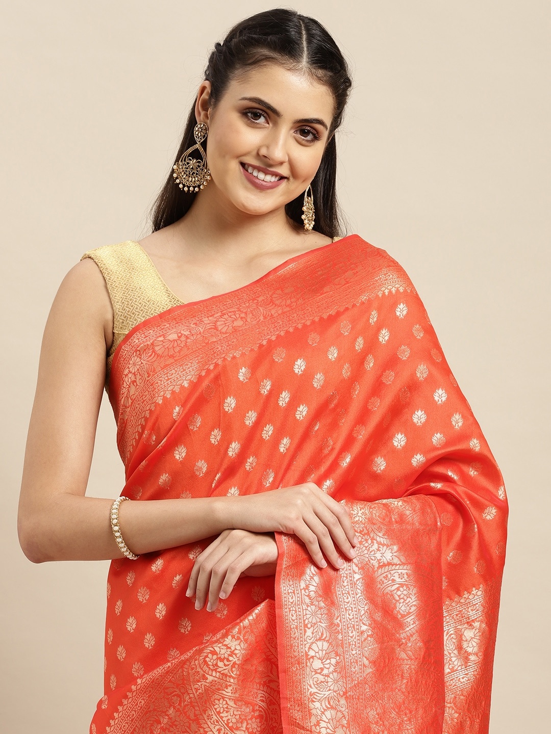 

VAIRAGEE Orange & Golden Ethnic Motifs Woven Design Banarasi Saree