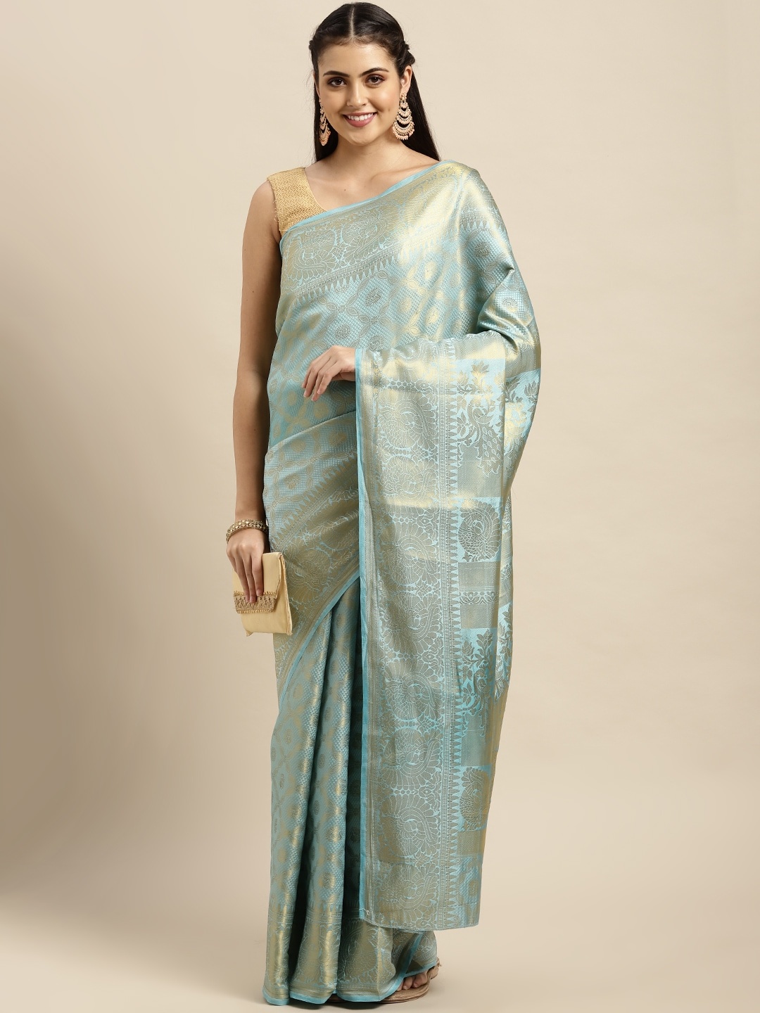 

VAIRAGEE Blue & Golden Ethnic Motifs Pure Silk Kanjeevaram Saree