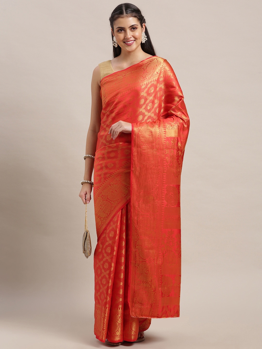 

VAIRAGEE Red & Golden Ethnic Motifs Pure Silk Kanjeevaram Saree