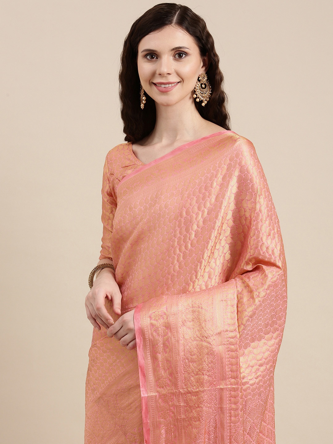 

VAIRAGEE Pink & Golden Ethnic Motifs Pure Silk Kanjeevaram Saree