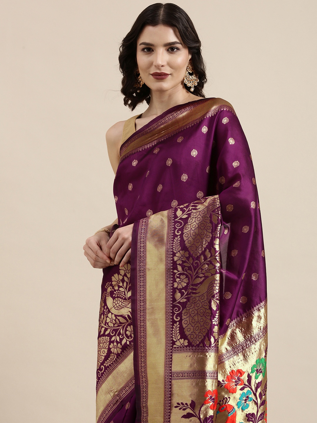 

VAIRAGEE Burgundy & Golden Ethnic Motifs Pure Silk Saree