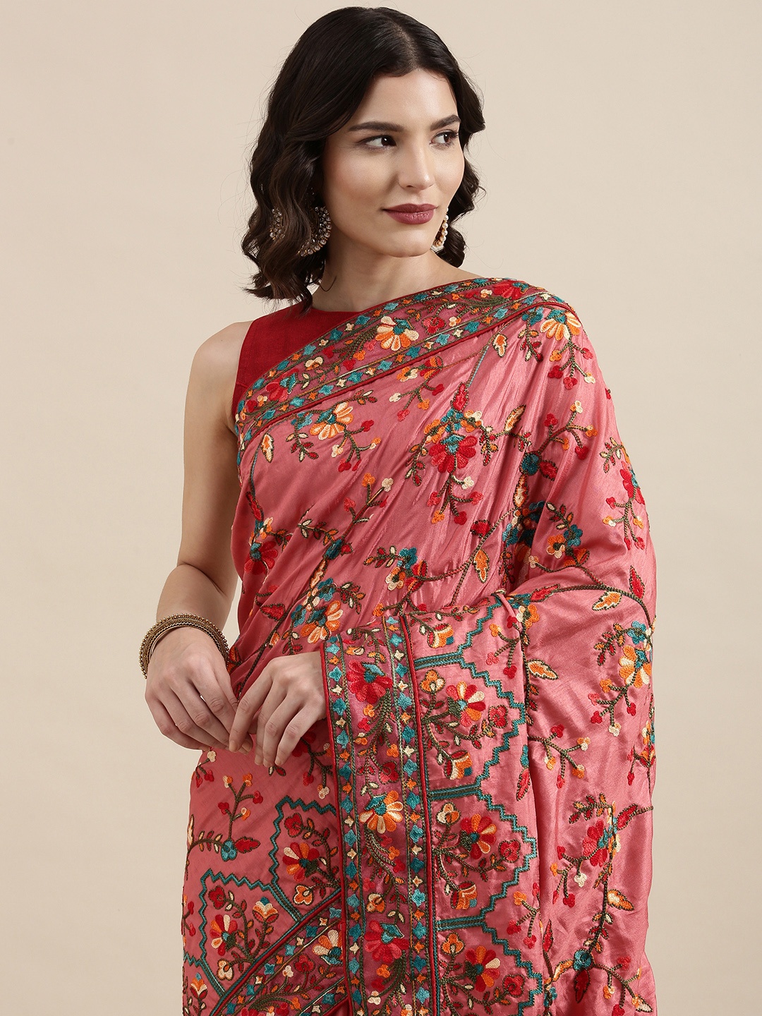 

VAIRAGEE Dusty Pink & Teal Blue Ethnic Motifs Embroidered Dola Silk Saree, Rose