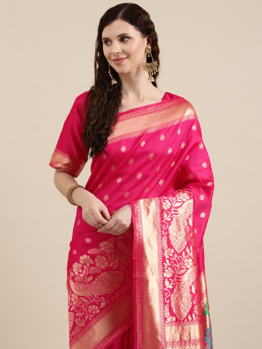 

VAIRAGEE Pink & Golden Ethnic Motifs Pure Silk Saree
