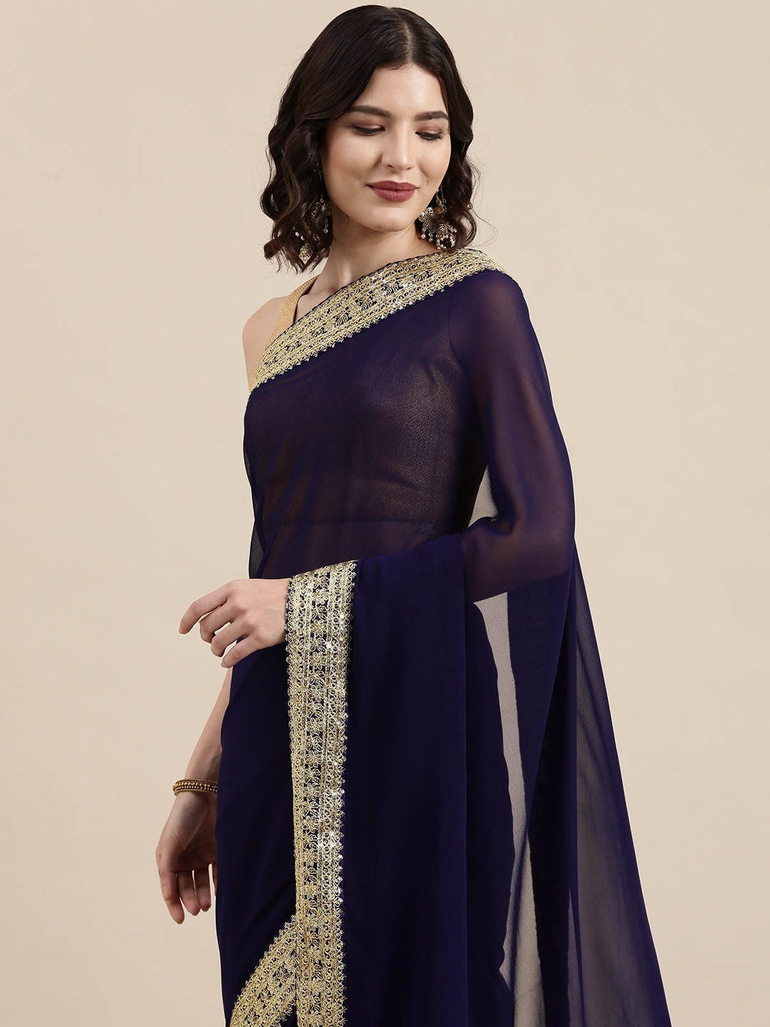 

VAIRAGEE Navy Blue Embroidered Pure Georgette Saree
