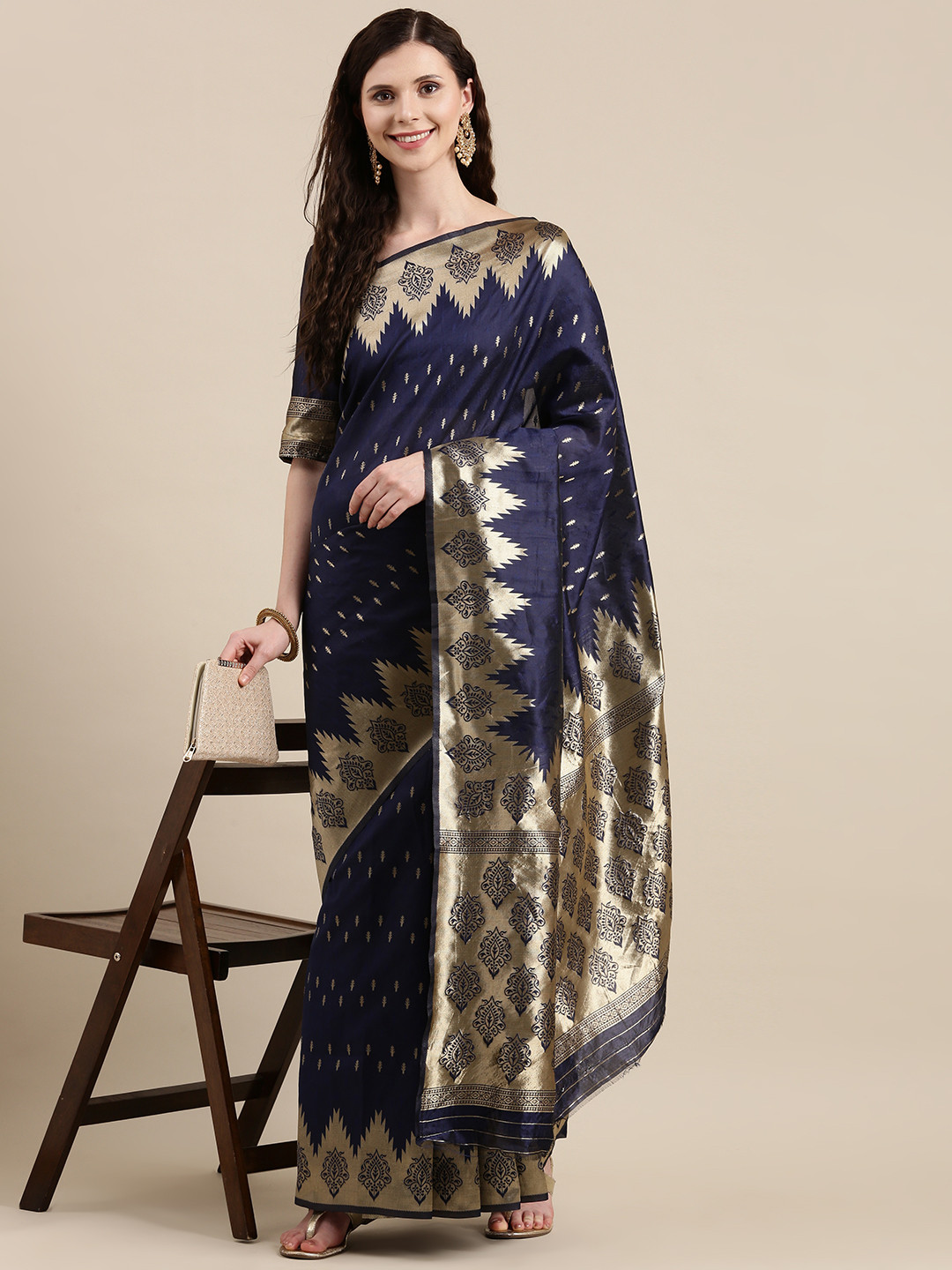 

VAIRAGEE Blue & Golden Ethnic Motifs Banarasi Saree