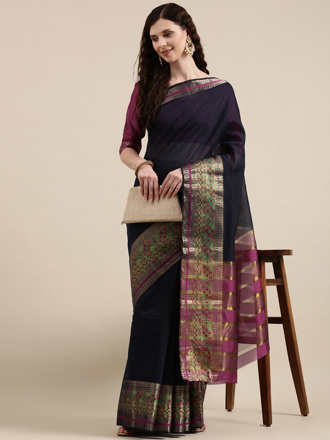 

VAIRAGEE Navy Blue & Pink Solid Banarasi Saree