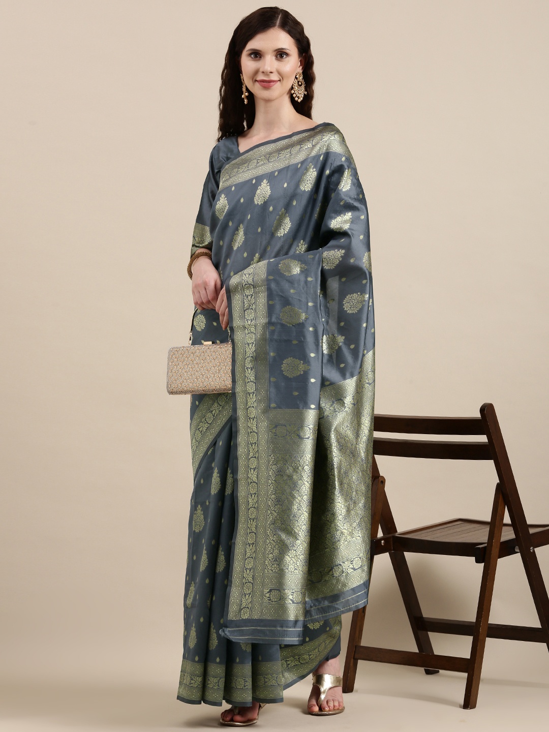 

VAIRAGEE Grey & Golden Ethnic Motifs Banarasi Woven Design Saree