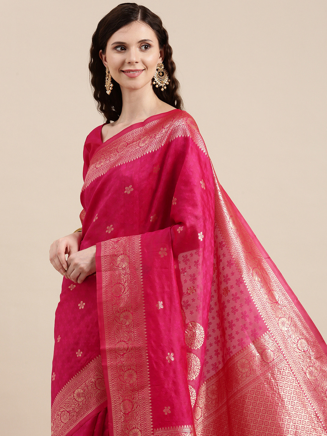 

VAIRAGEE Pink & Golden Ethnic Motifs Banarasi Woven Design Saree
