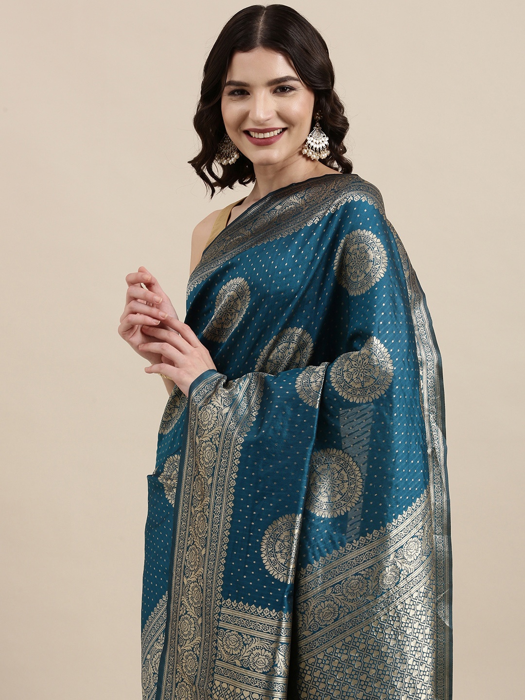 

VAIRAGEE Teal Blue & Golden Ethnic Motifs Silk Blend Banarasi Saree