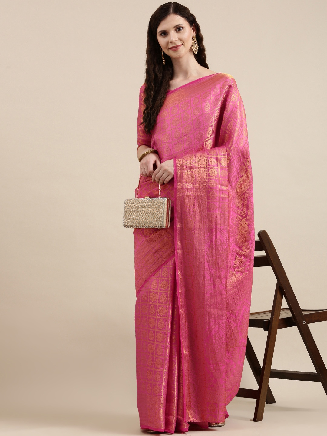 

VAIRAGEE Pink & Golden Ethnic Motifs Pure Silk Kanjeevaram Saree