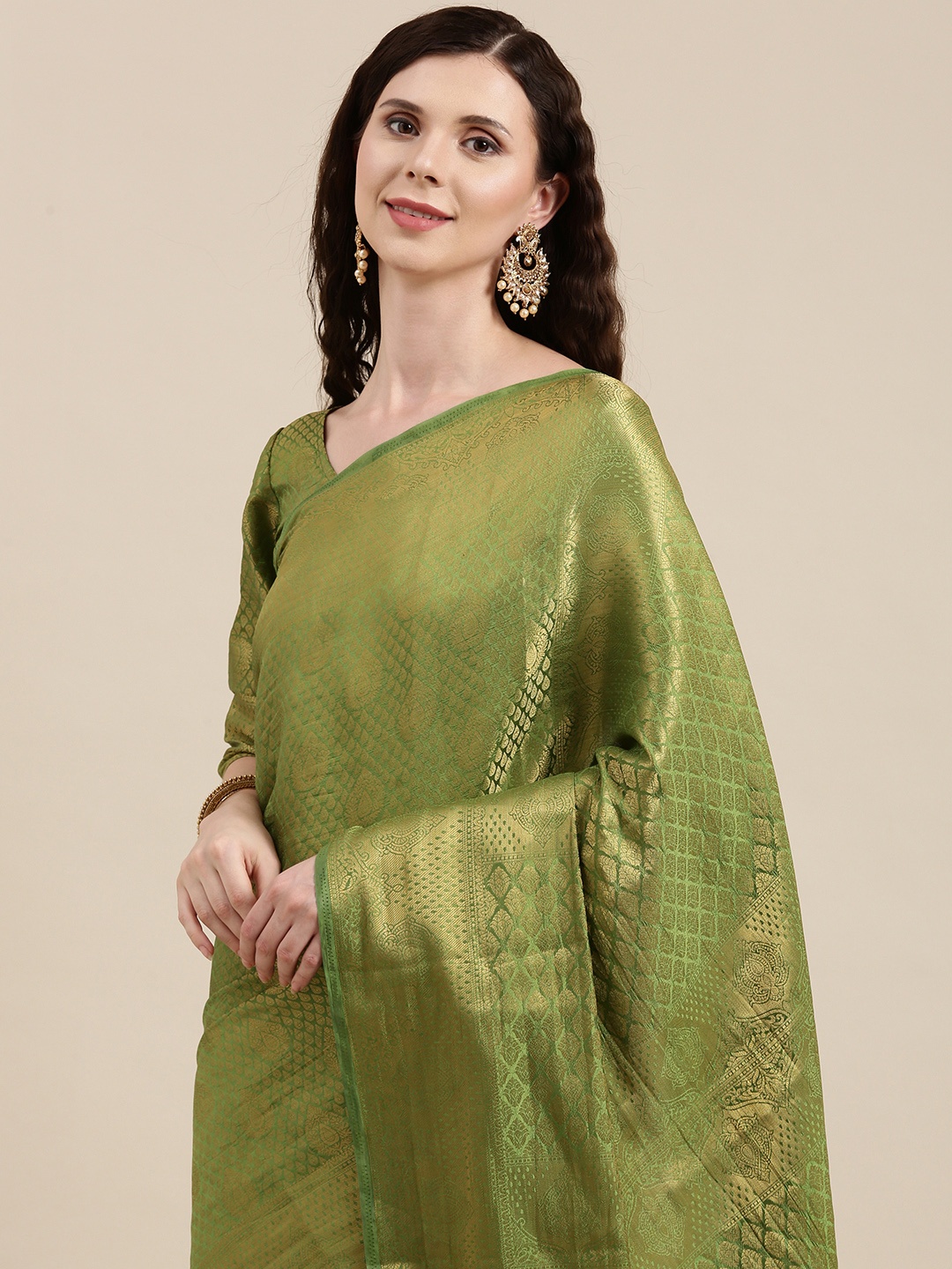 

VAIRAGEE Green & Golden Ethnic Motifs Pure Silk Kanjeevaram Saree