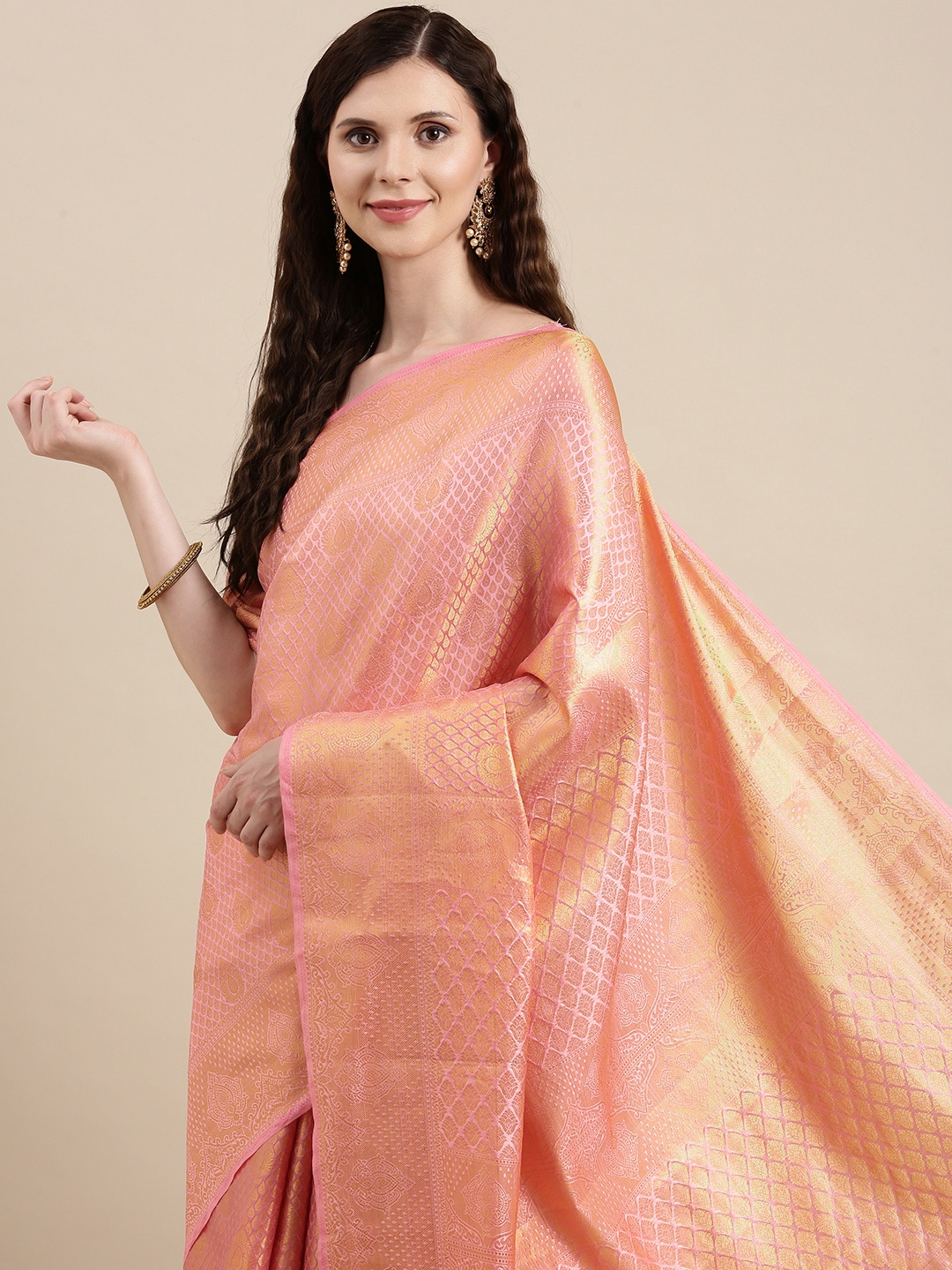 

VAIRAGEE Peach-Coloured & Golden Ethnic Motifs Pure Silk Kanjeevaram Saree