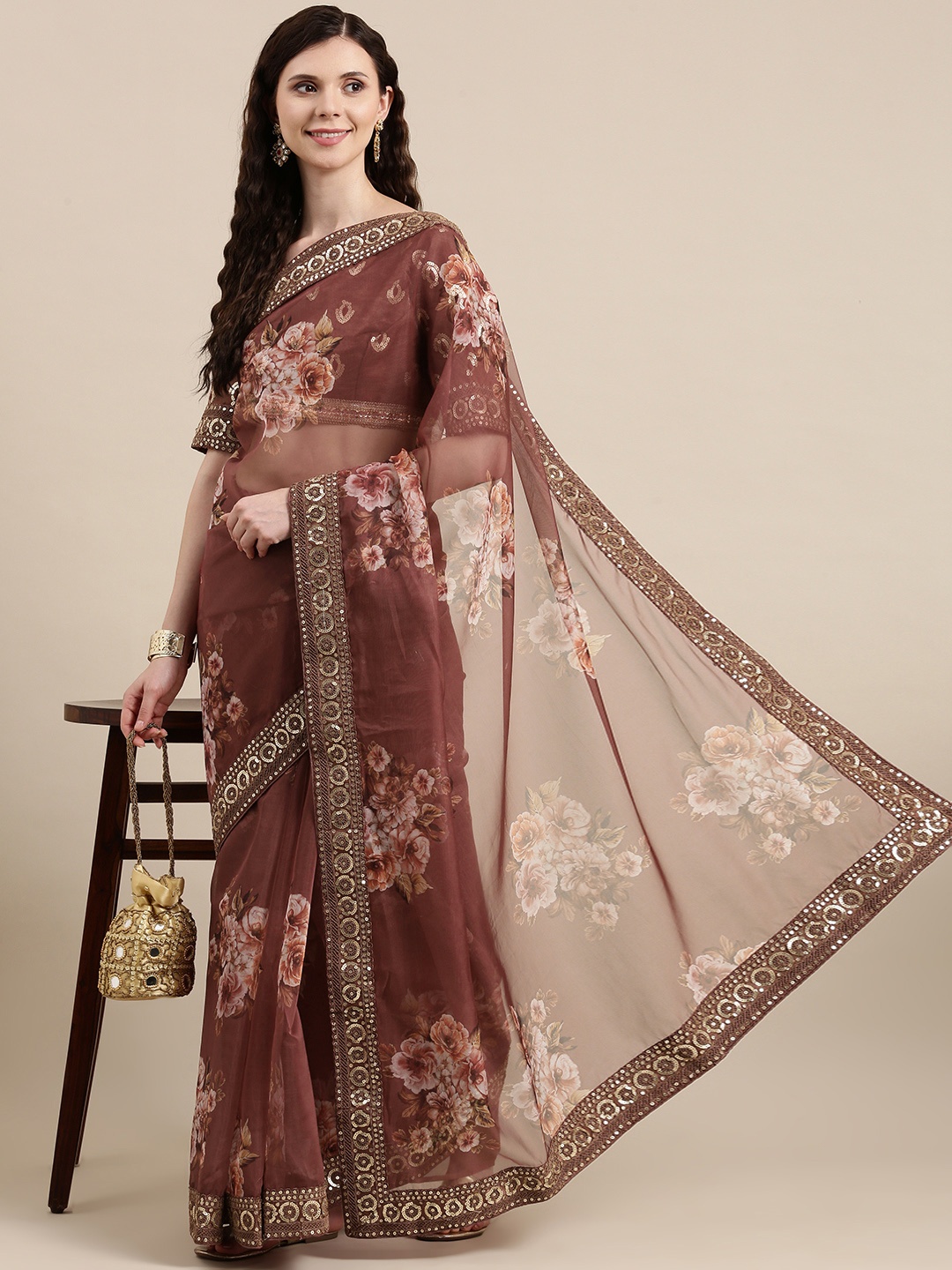 

VAIRAGEE Brown & Pink Floral Printed Organza Saree