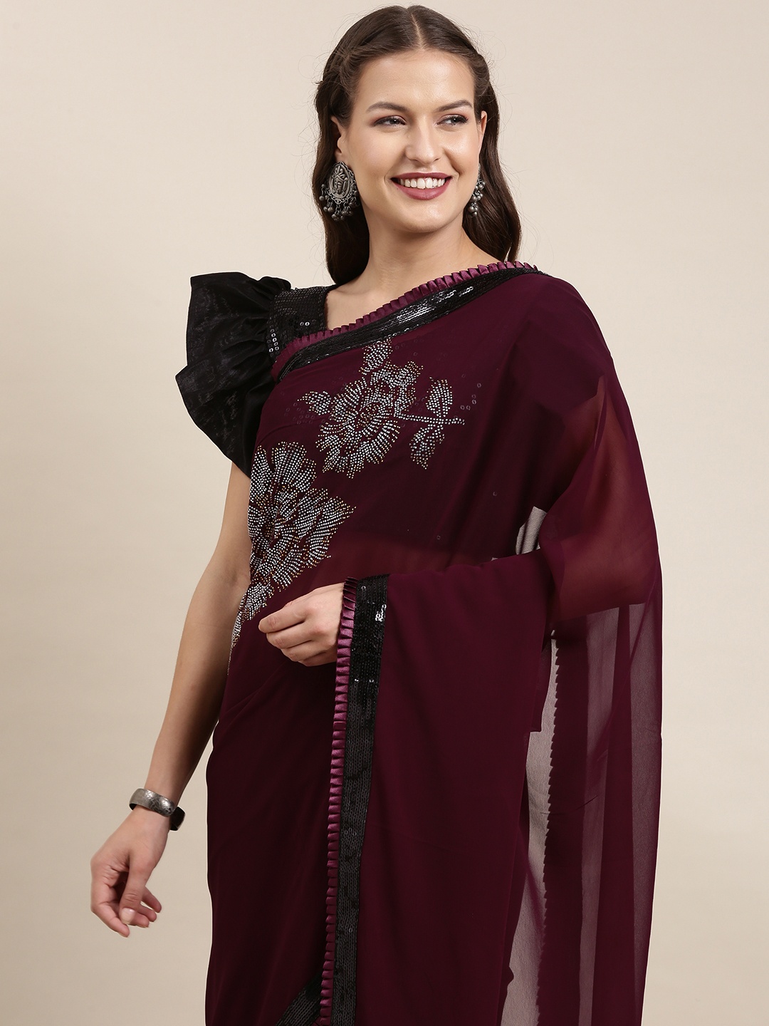 

VAIRAGEE Burgundy Ethnic Motifs Beads and Stones Pure Georgette Saree