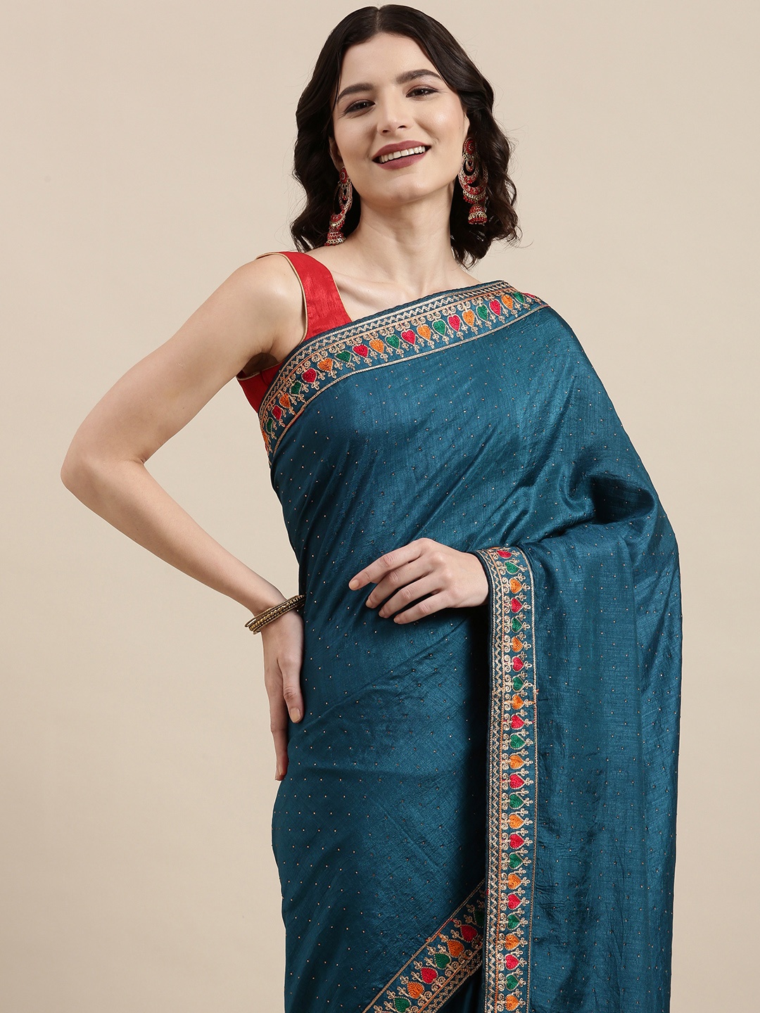 

VAIRAGEE Teal Embroidered Khandua Silk Saree