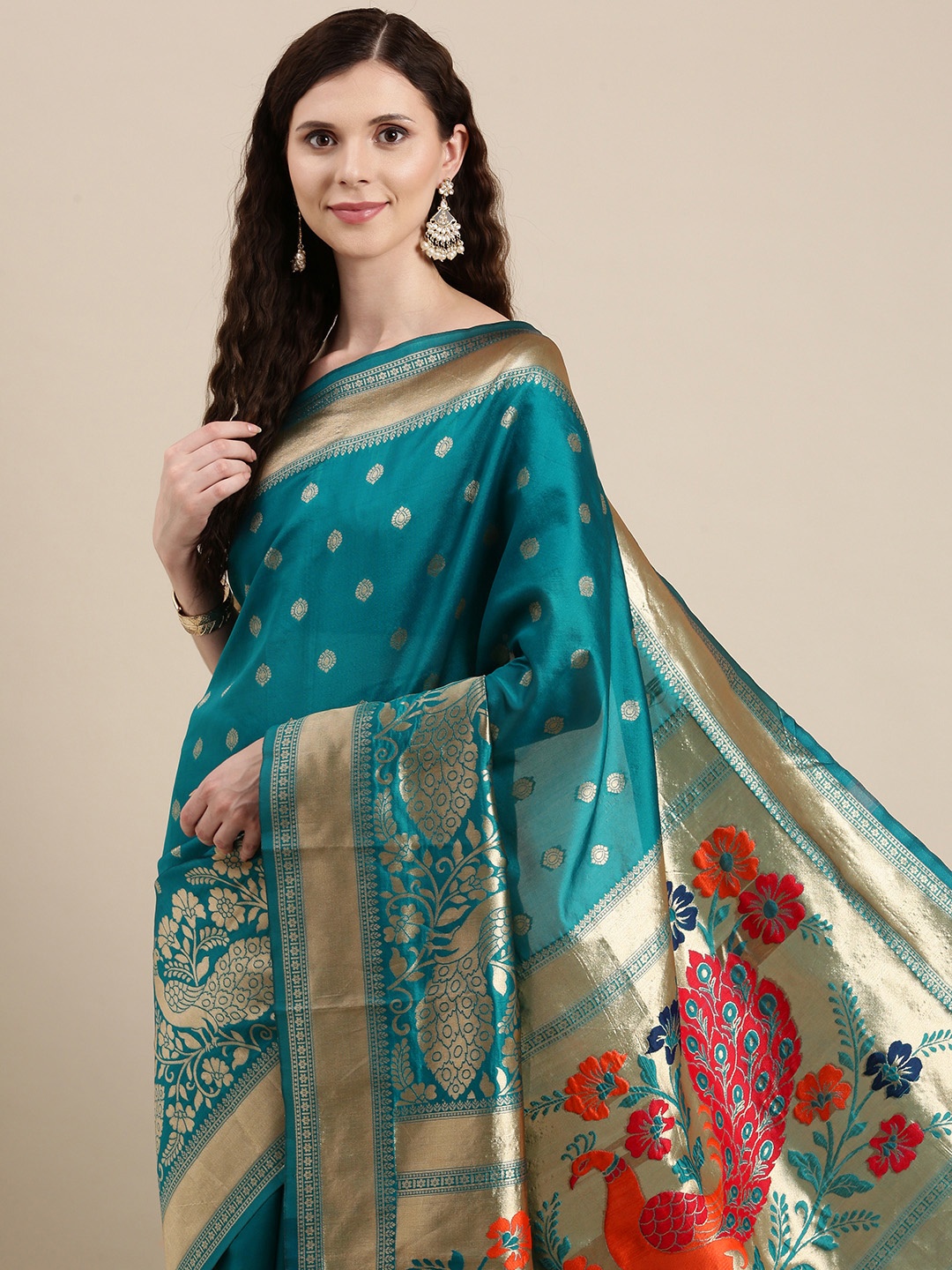 

VAIRAGEE Blue & Golden Ethnic Motifs Pure Silk Saree