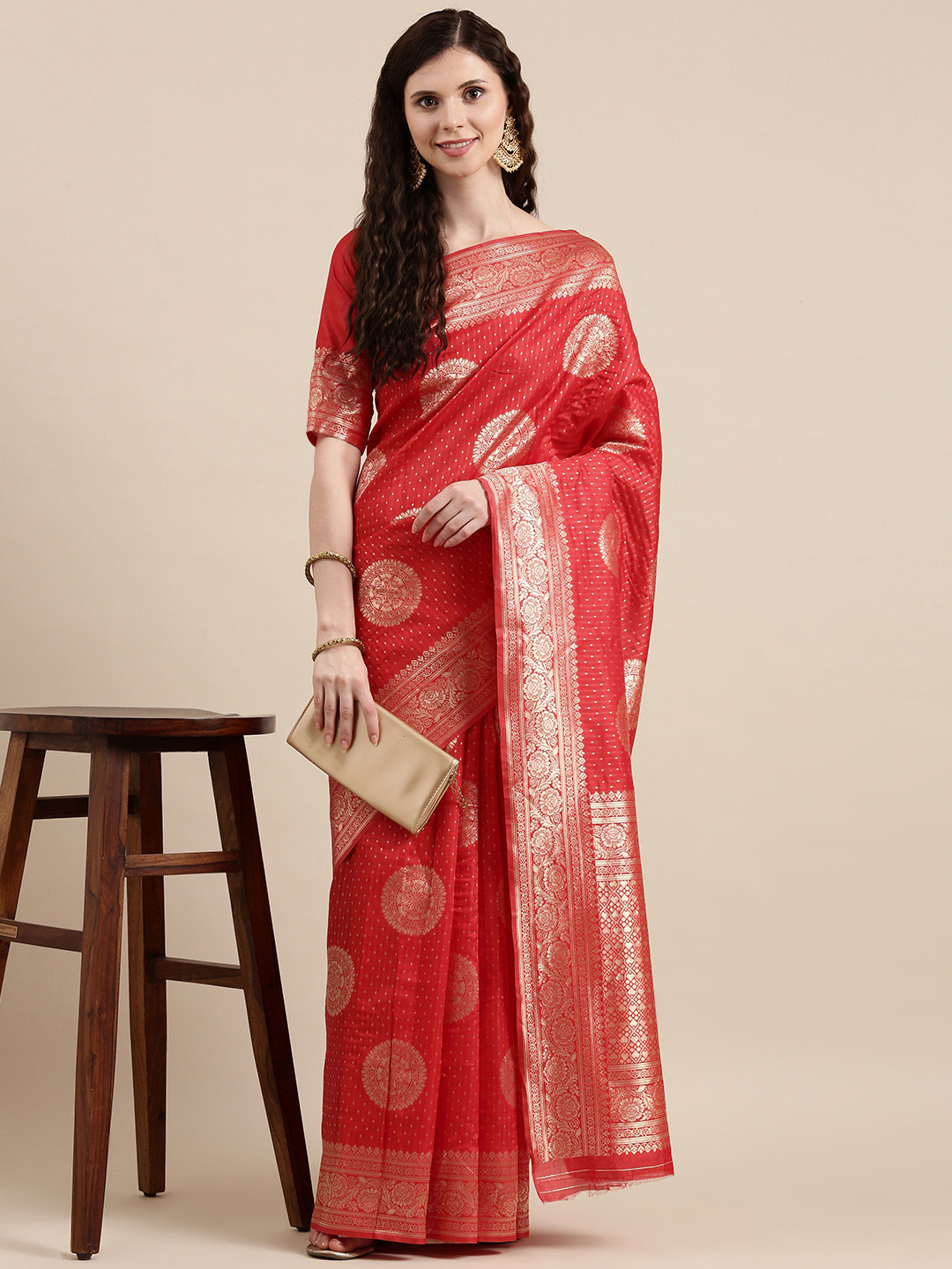 

VAIRAGEE Red & Golden Ethnic Motifs Banarasi Woven Design Saree