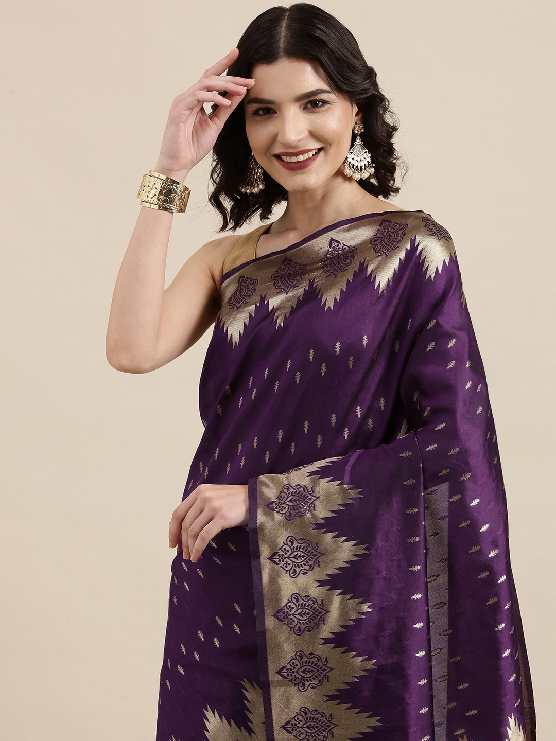 

VAIRAGEE Burgundy & Gold-Toned Ethnic Motifs Silk Blend Banarasi Saree