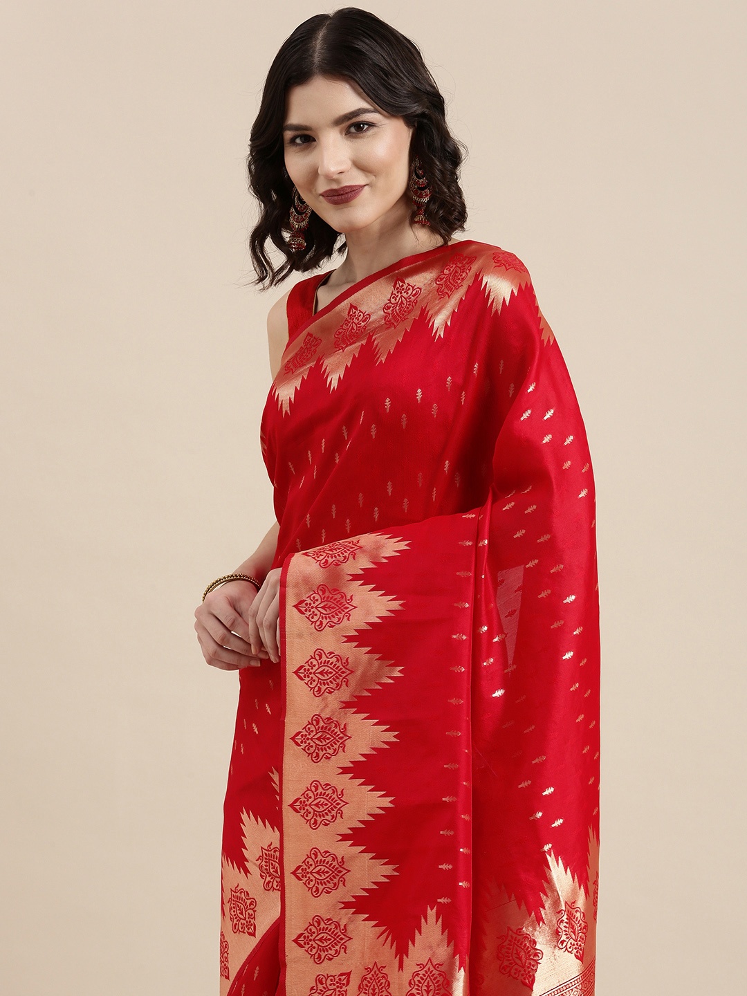 

VAIRAGEE Red & Golden Ethnic Motifs Silk Blend Banarasi Saree